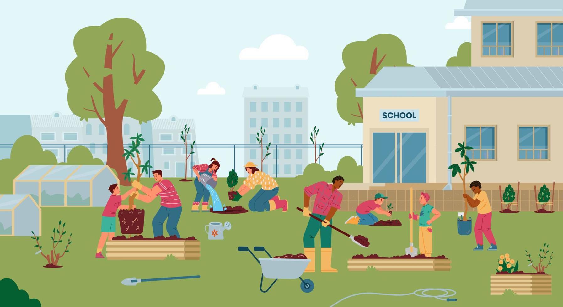 maestros y niños plantando árboles y arbustos en la ilustración vectorial plana del patio trasero de la escuela. jardín escolar con gente, invernaderos, camas, carro con tierra, árboles y arbustos recién plantados. vector