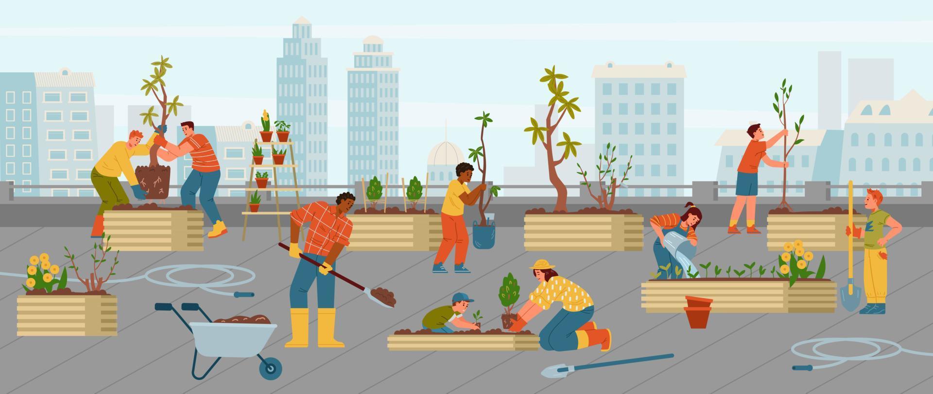 adultos y niños haciendo jardinería juntos en la ilustración vectorial de la azotea. jardín comunitario urbano. vector