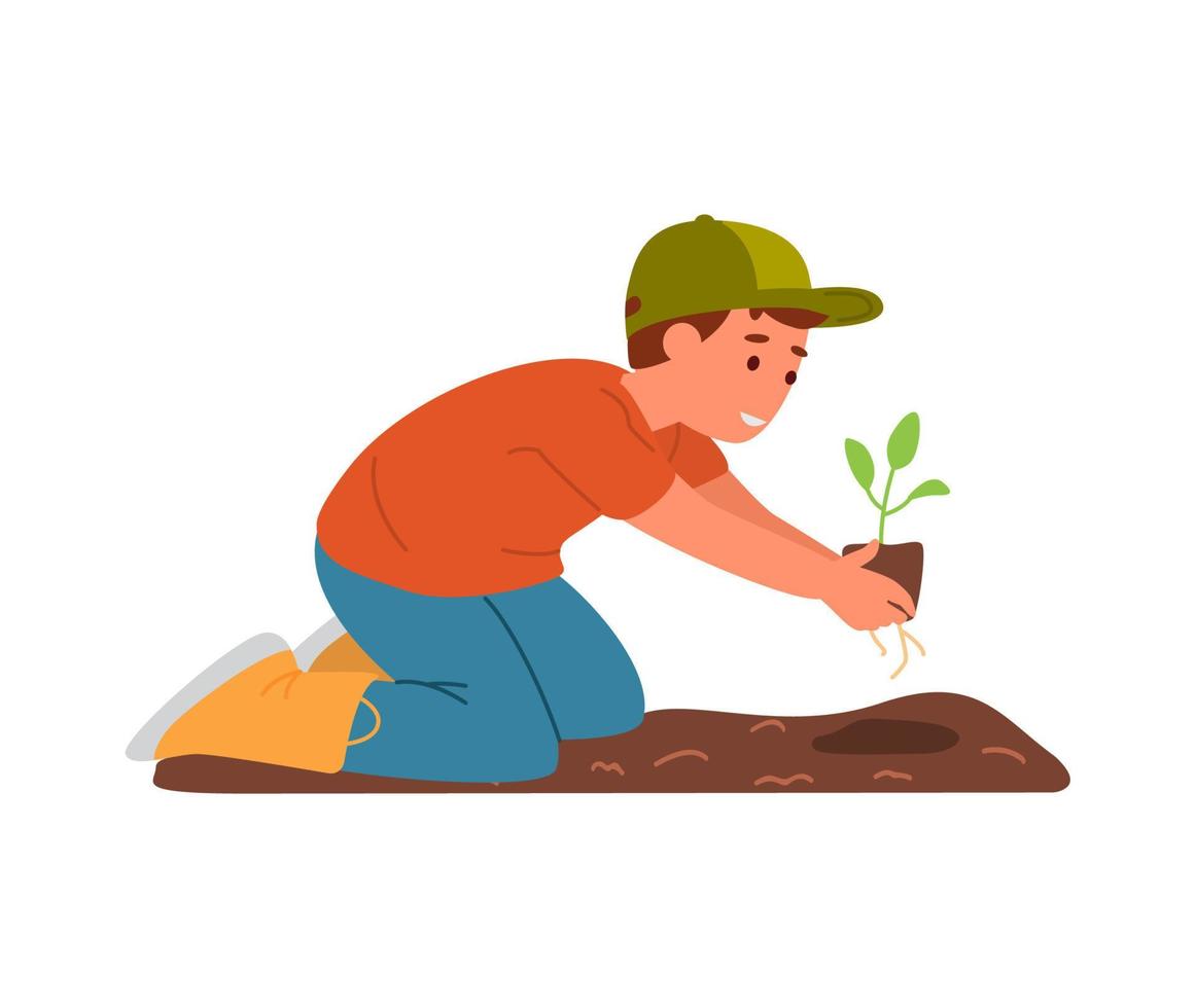 niño con gorra y botas de goma sentado en el suelo plantando plántulas. ilustración de personaje de niño de vector plano. aislado en blanco