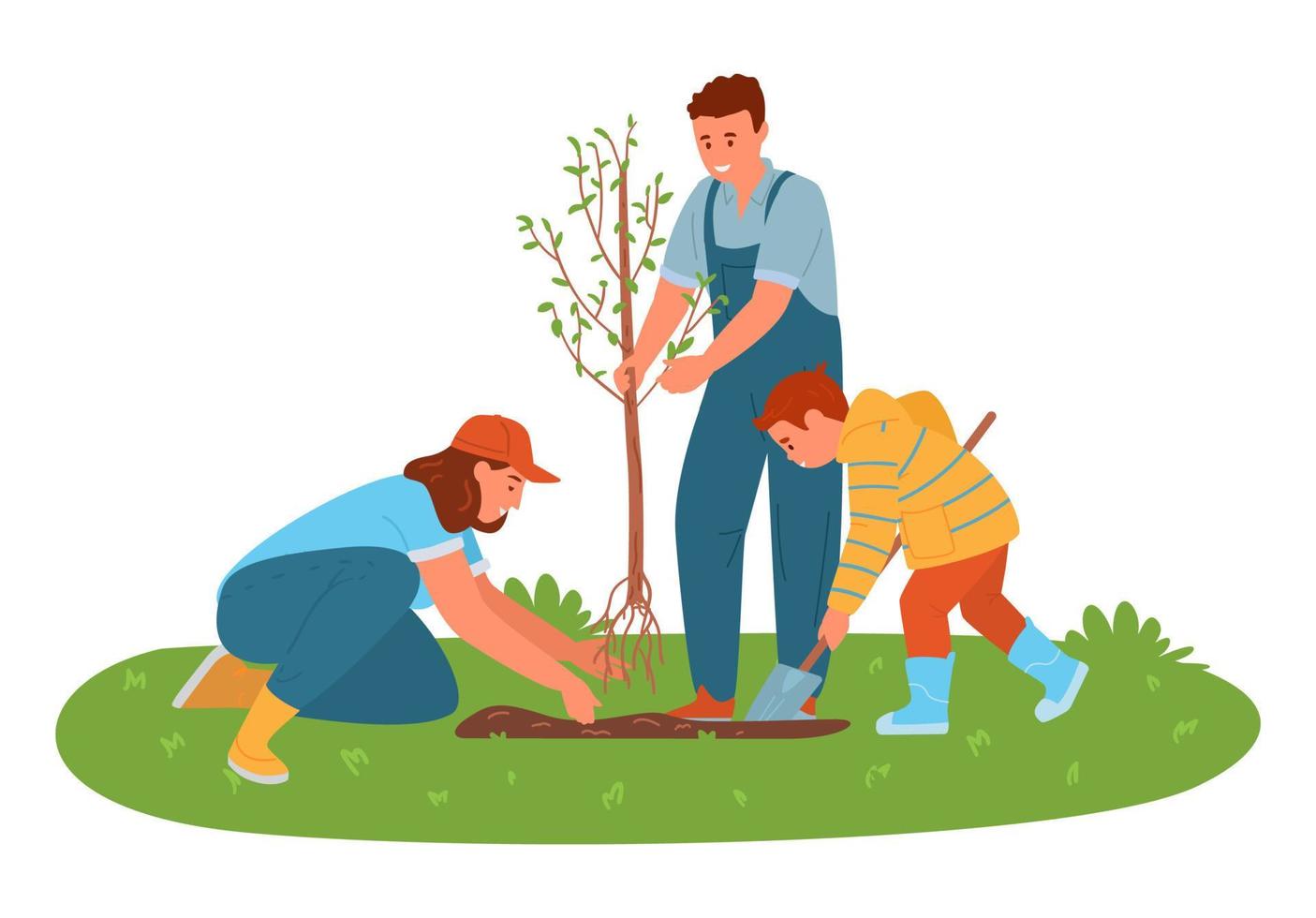 Family Planting A Tree Outdoors. Vector Illustration.