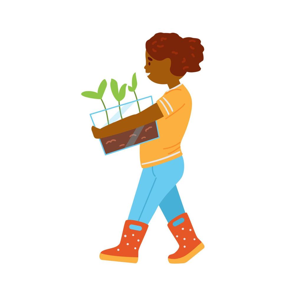 African American Girl In Rubber Boots Carrying Seedlings For Planting. Flat Vector Illustration. Isolated On White.