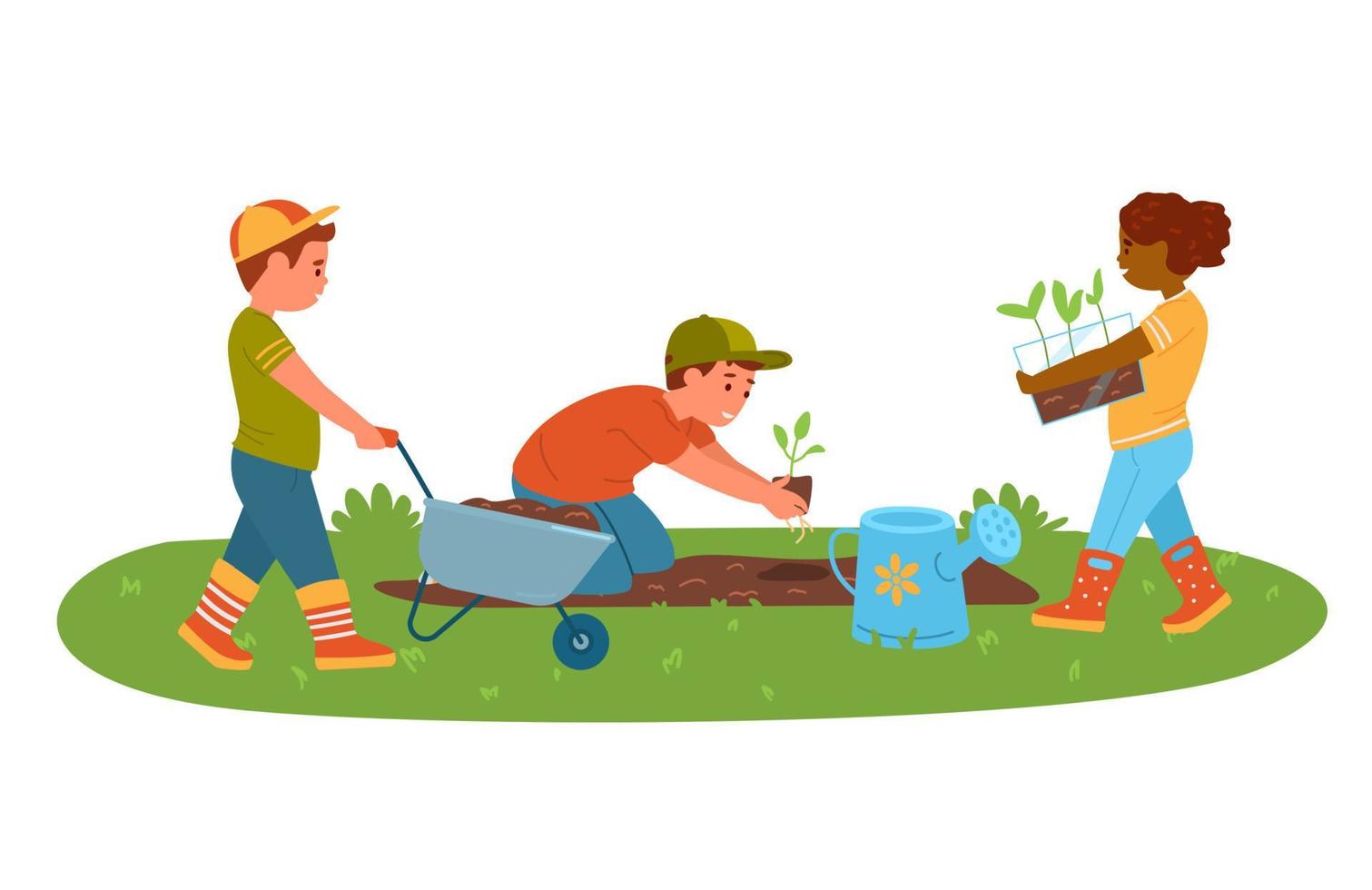 Children Gardening Planting Seedlings. Vector Illustration.
