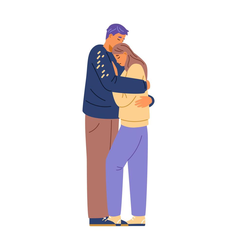 Sad couple hugging comforting each other vector illustration. People in sorrow embracing to support each other.