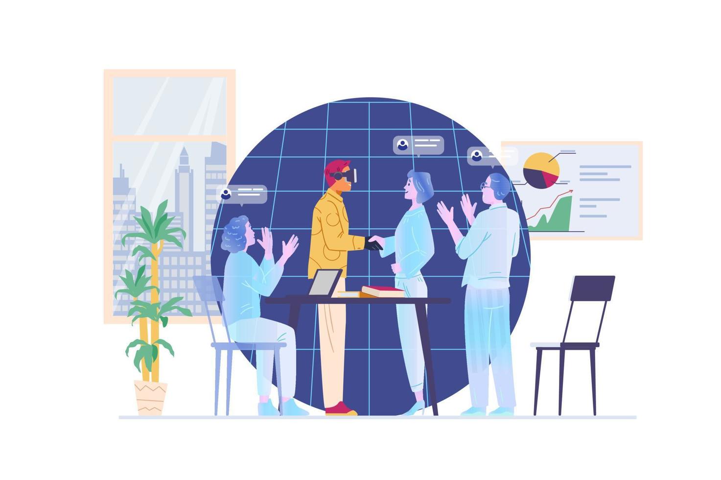 Business team meeting in metaverse flat vector illustration. Man in VR headset shaking hand with hollogramic woman. Modern technologies in business concept.