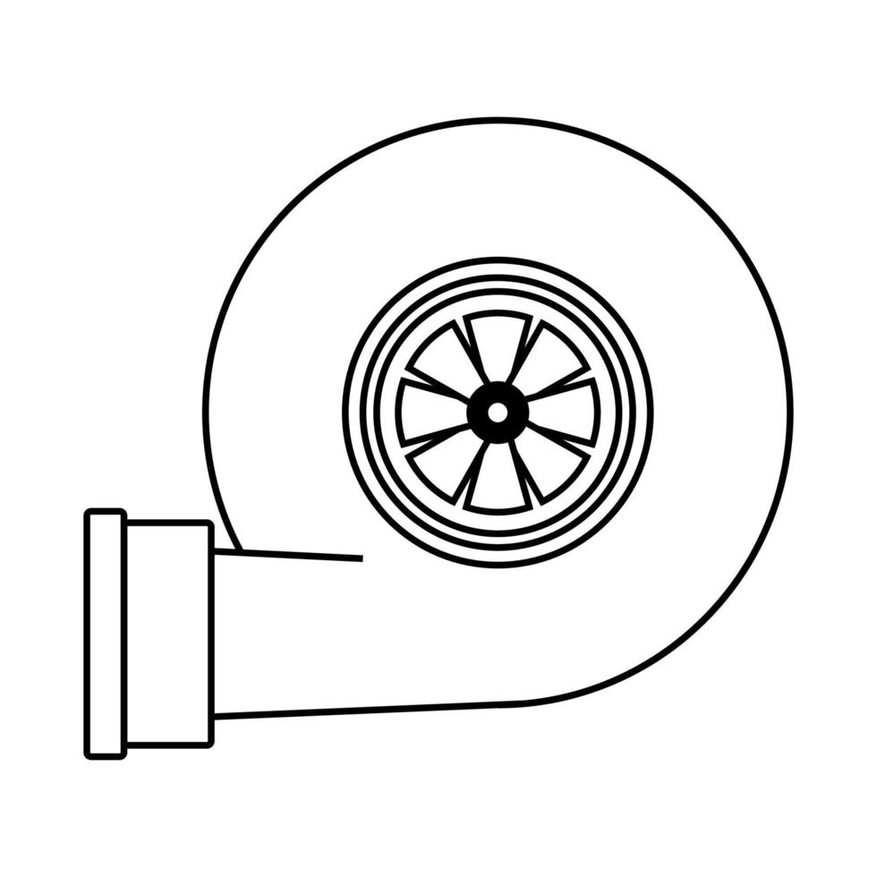 Turbine from automobile engine. Line illustration of car motor turbocharger. Turbo outline sign vector icon.