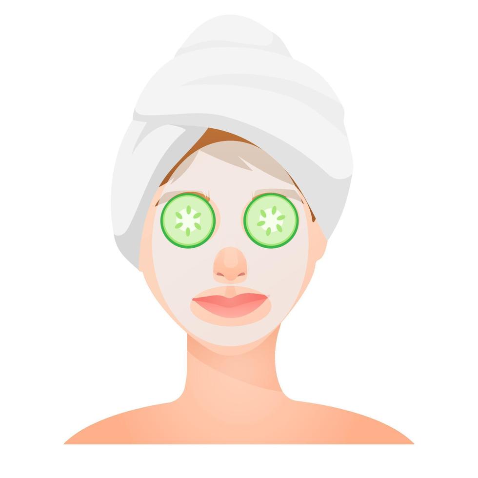 el conjunto de ilustración vectorial de cuidado de la piel aplica máscaras cosméticas. niña cuidado de la piel cara máscara de pepino elementos de spa en casa, belleza, relajación, tratamientos de belleza vector