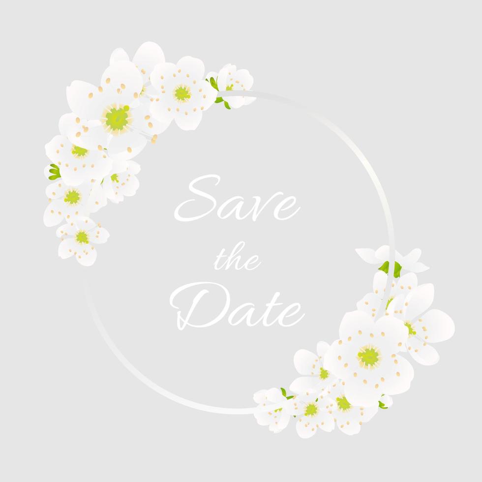 Vector greeting card template with flowers blossoms. For Valentine's day. Cherry flower spring banner with blooming sakura on the gray background with silver. Invitation for wedding save the date