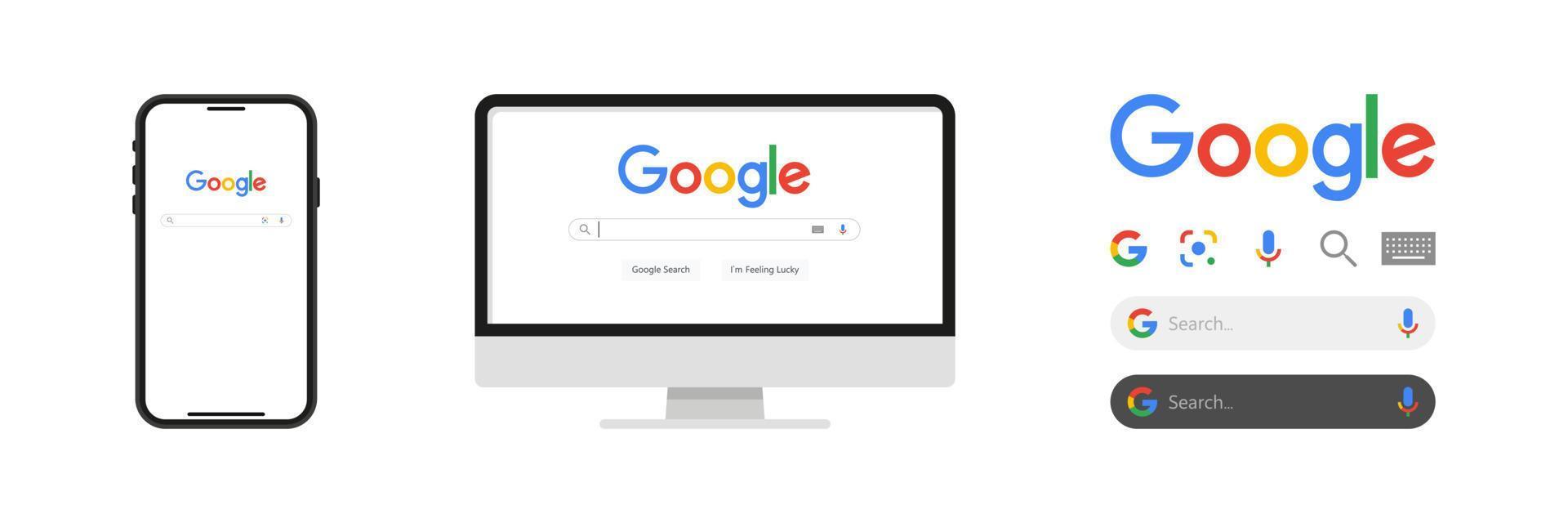 Google search bar with logotype. Desktop and mobile browser mockup. Set of search tools. Vinnytsia, Ukraine - May 12, 2022 vector