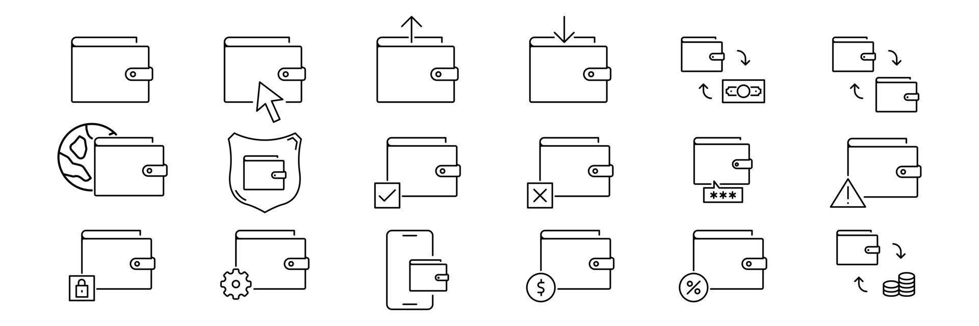 Finance, wallet and money outline line black icon set vector