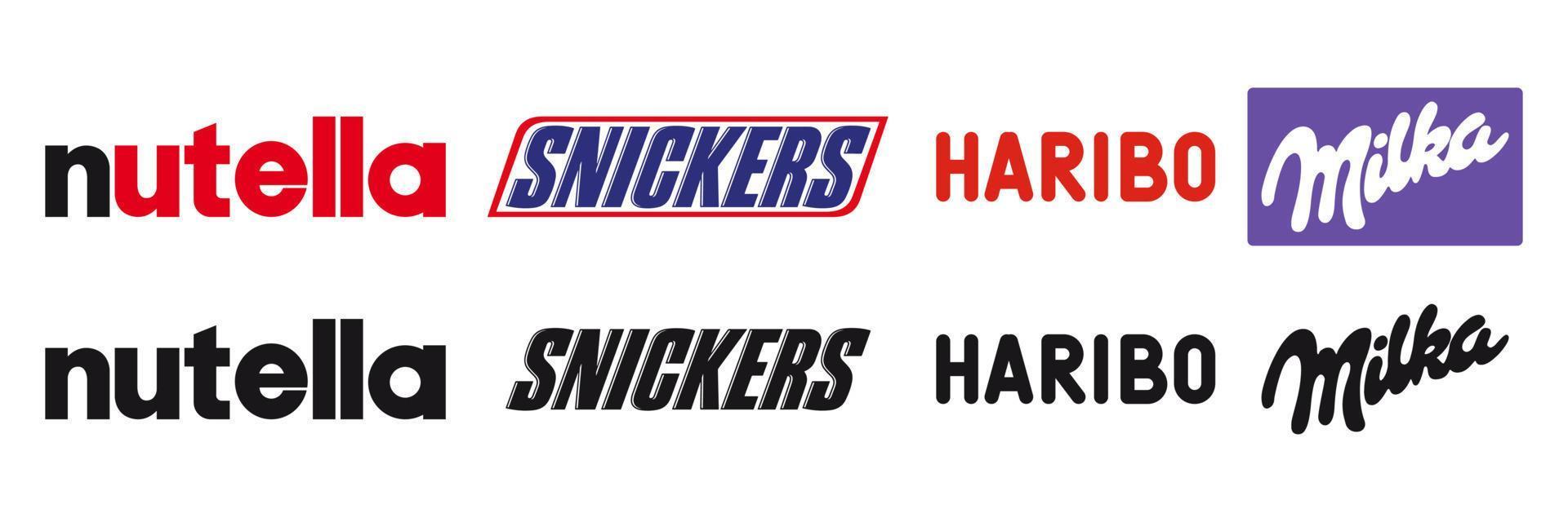 Nutella, Snickers, Haribo and Milka set icons. Logos of popular sweets brands. Vinnytsia, Ukraine - May 19, 2022 vector