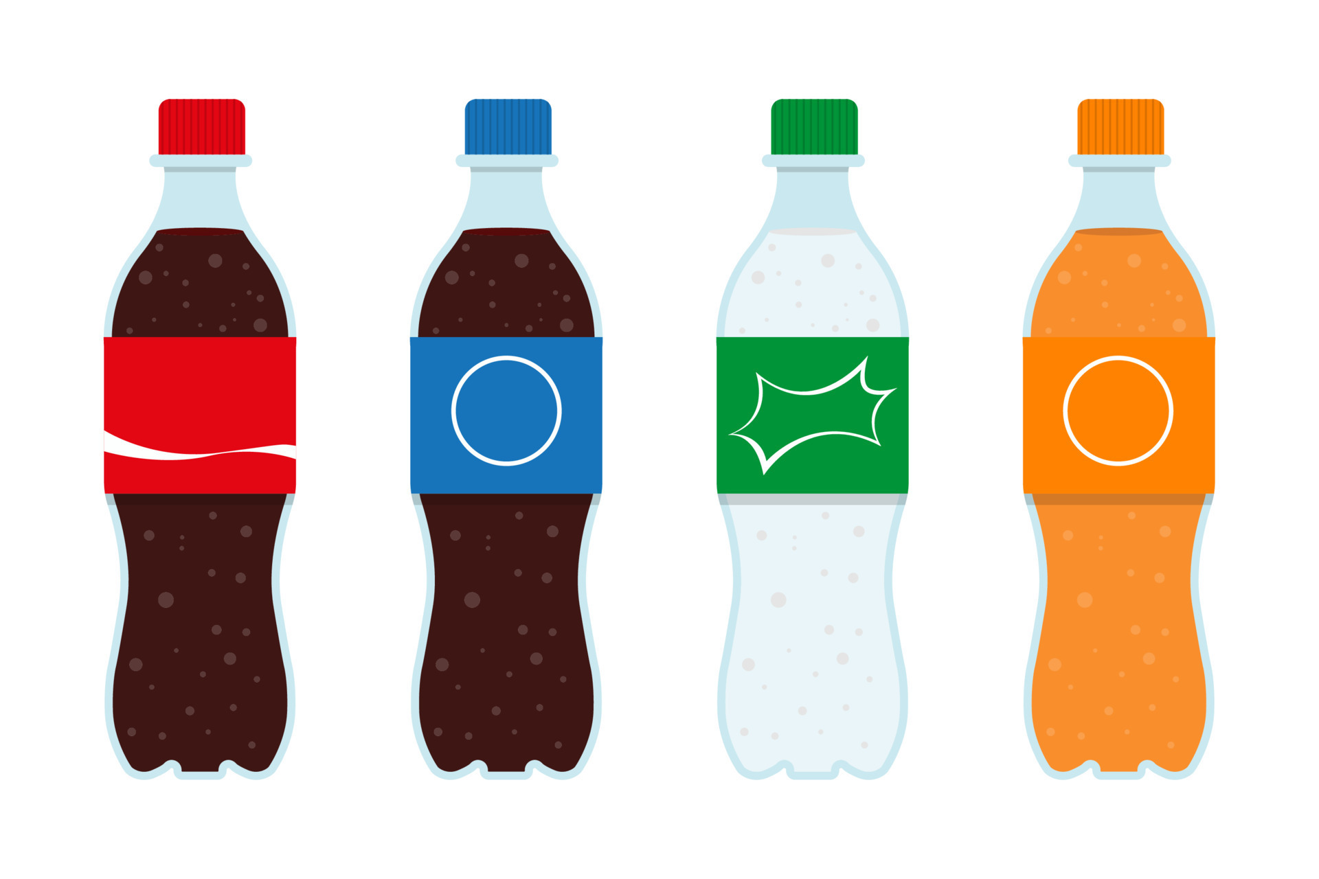 Set of bottle with sweet water, fizzy beverage. Vector illustration