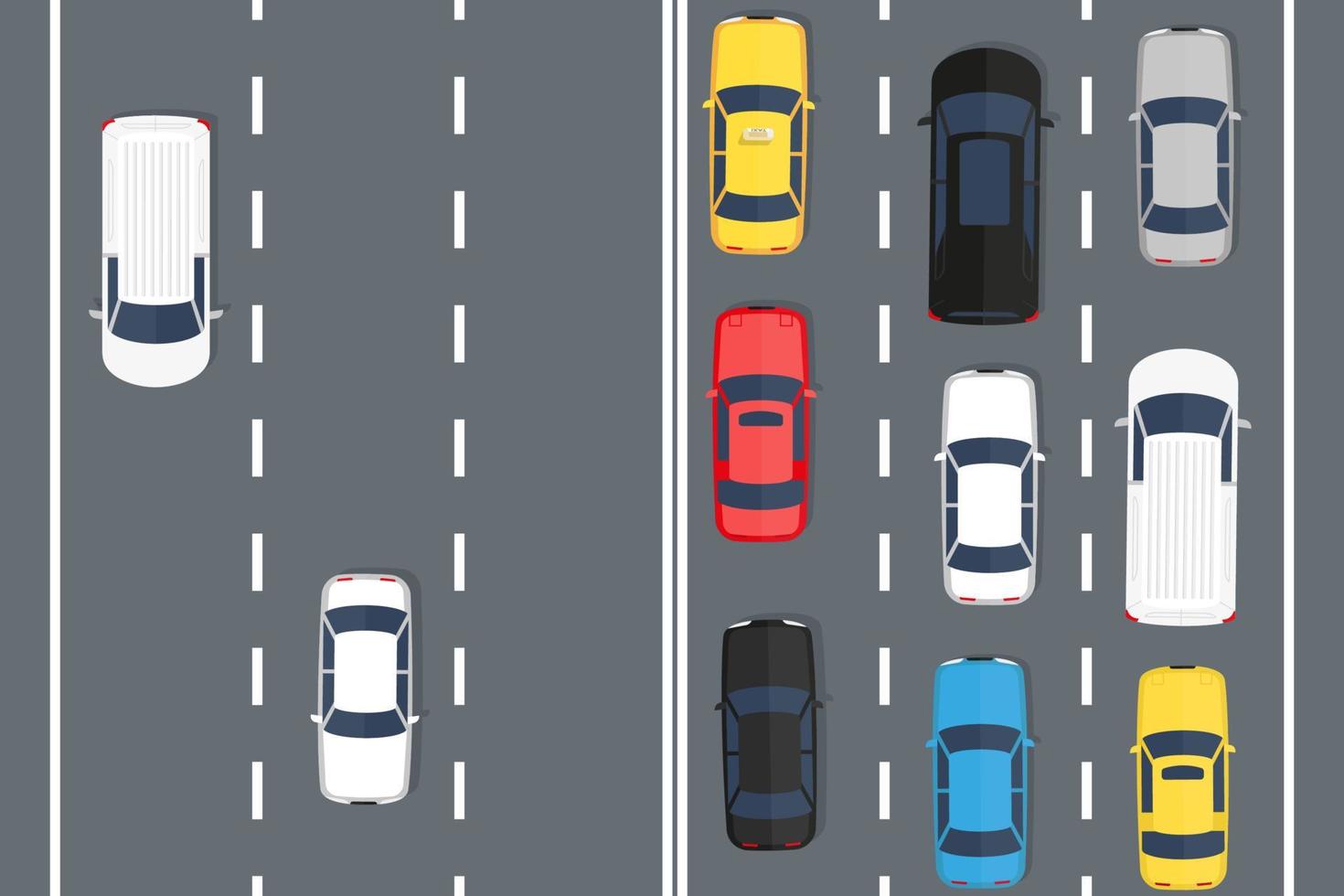 Traffic jam on the road with cars. Top view, vector