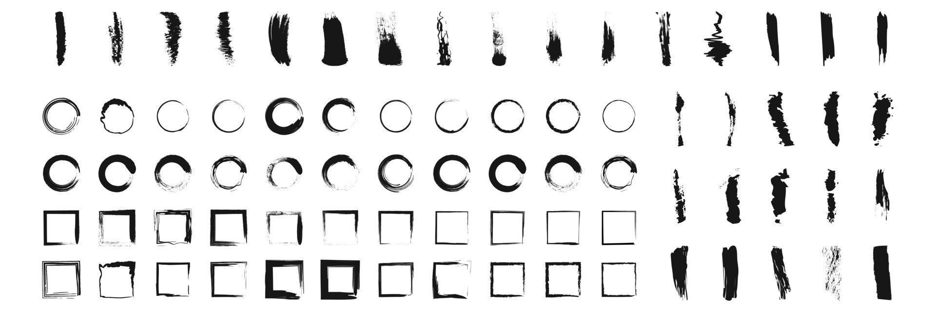 Collection of black paint. Circle frames, Grungy painted lines. Freehand drawing. Vector illustration. Isolated on white background.