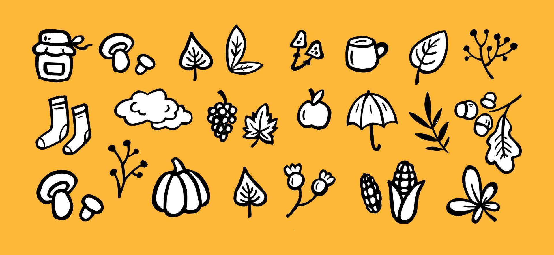 otoño establecer iconos. vector de imágenes prediseñadas de otoño en blanco y negro. conjunto de bocetos - hojas, cosecha, temporada. vegetales, plantas