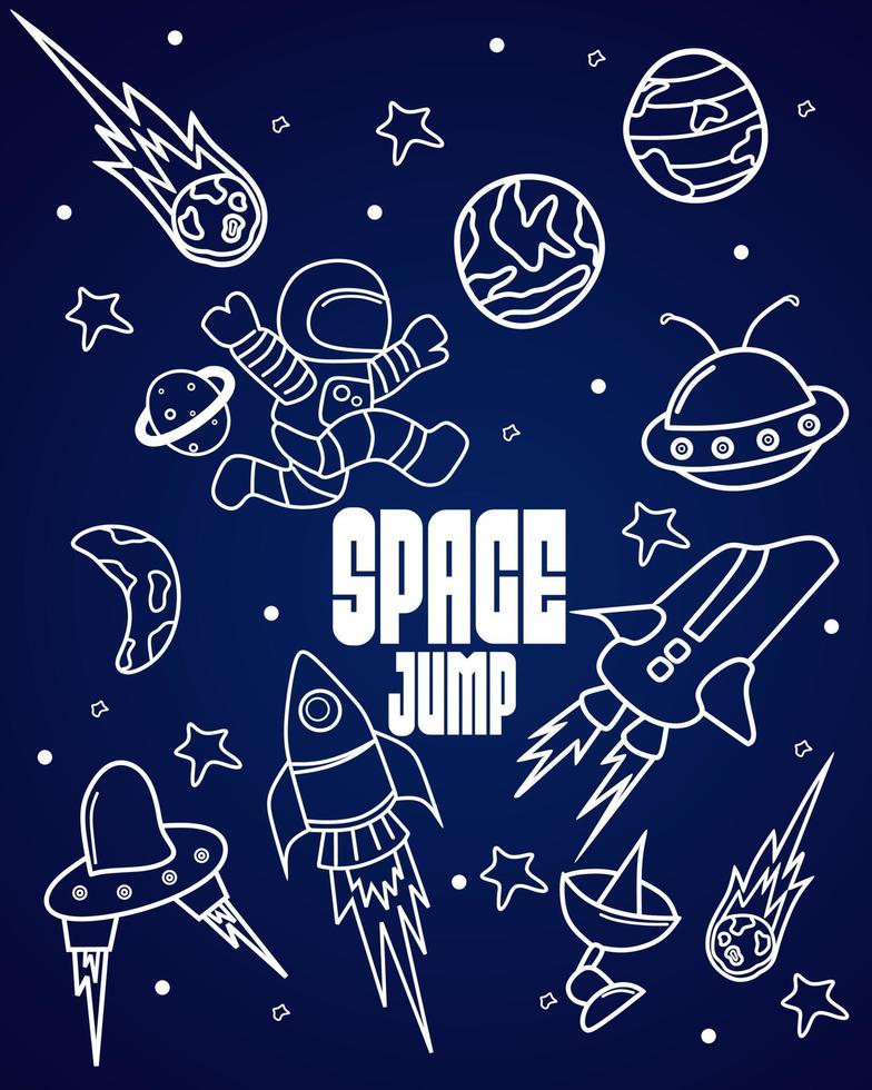 conjunto de iconos de doodle de ilustración de espacio dibujado a mano. astronauta, cohete, ovni, diseño de planeta para póster infantil vector