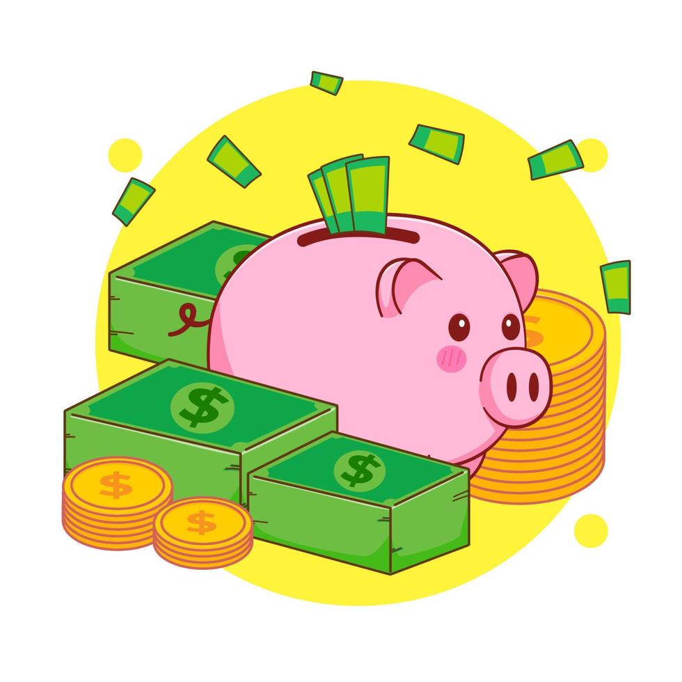 Cute piggy bank with coins and money cartoon illustration vector