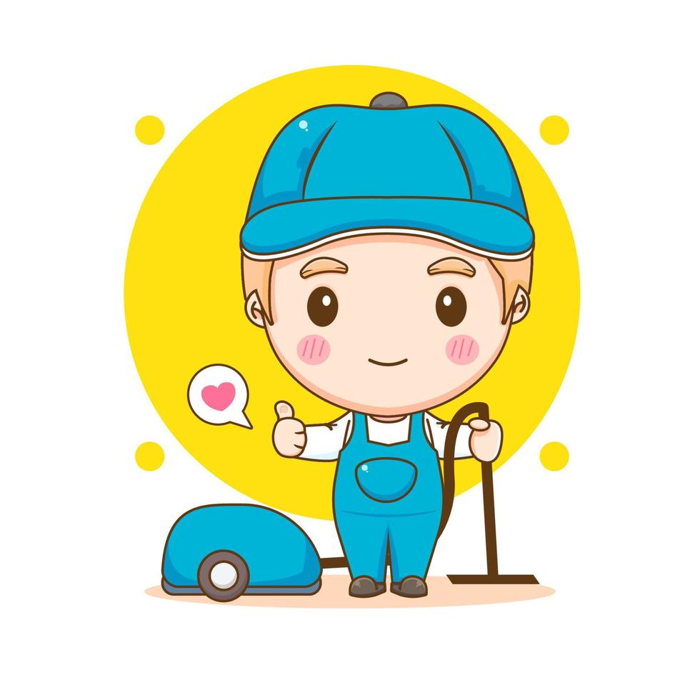 Cleaning service. Man dressed in uniform on isolated background. Vector art illustration in a flat style