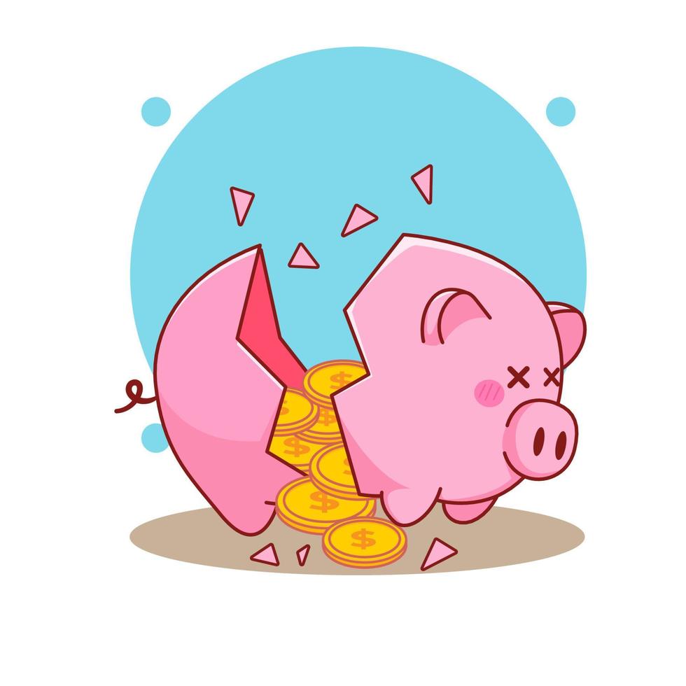 Cute piggy bank broken cartoon illustration vector