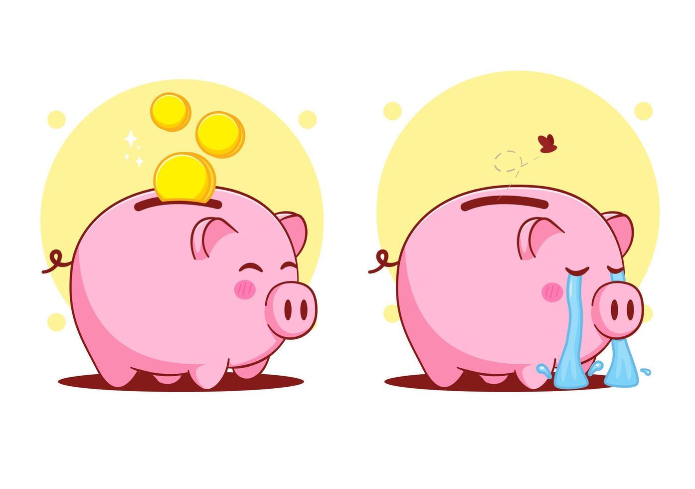 Cartoon illustration happy and sad piggy bank. Saving money concept vector