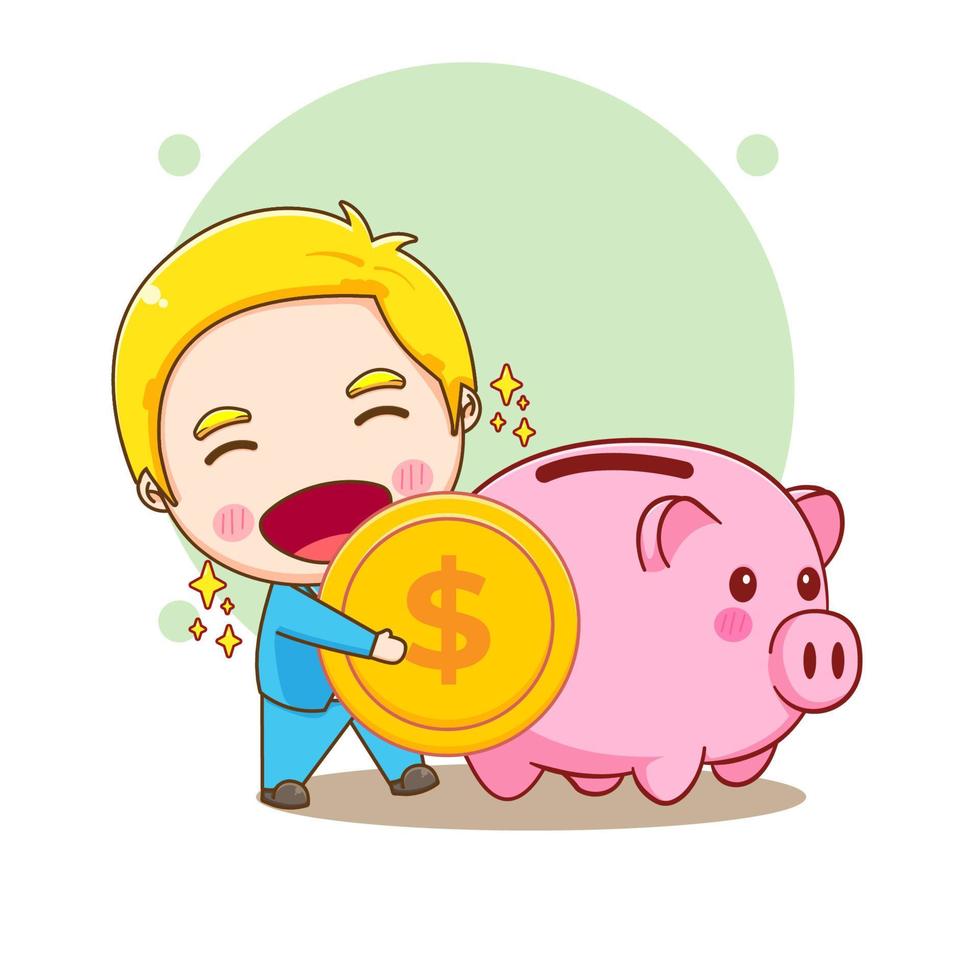 Cute businessman putting coin into piggy bank cartoon illustration vector