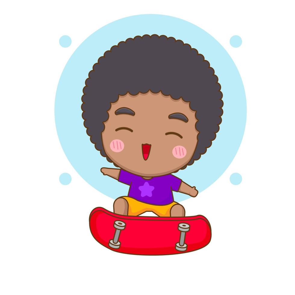Cute happy boy playing skateboard. Chibi cartoon character. Vector art illustration