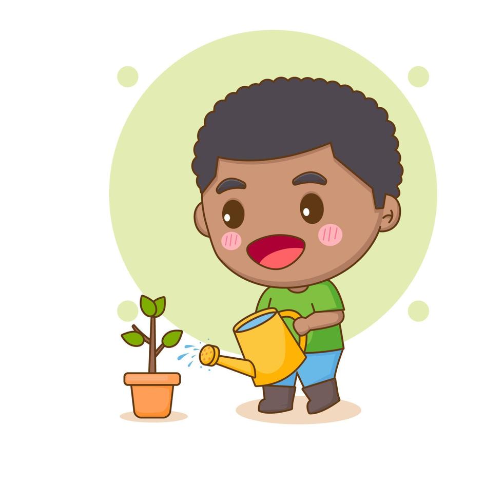 Cute happy boy watering flower. Chibi cartoon character. Vector art illustration