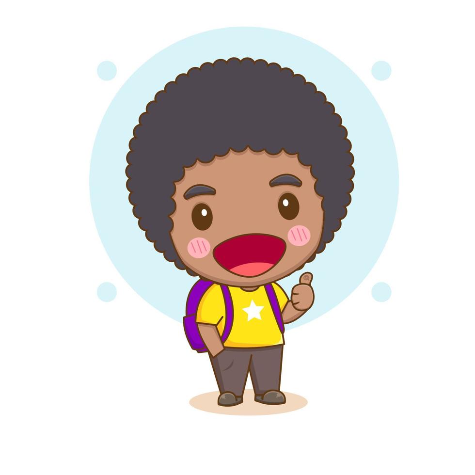 Cute happy boy with backpack showing thumb up. Chibi cartoon character. Vector art illustration