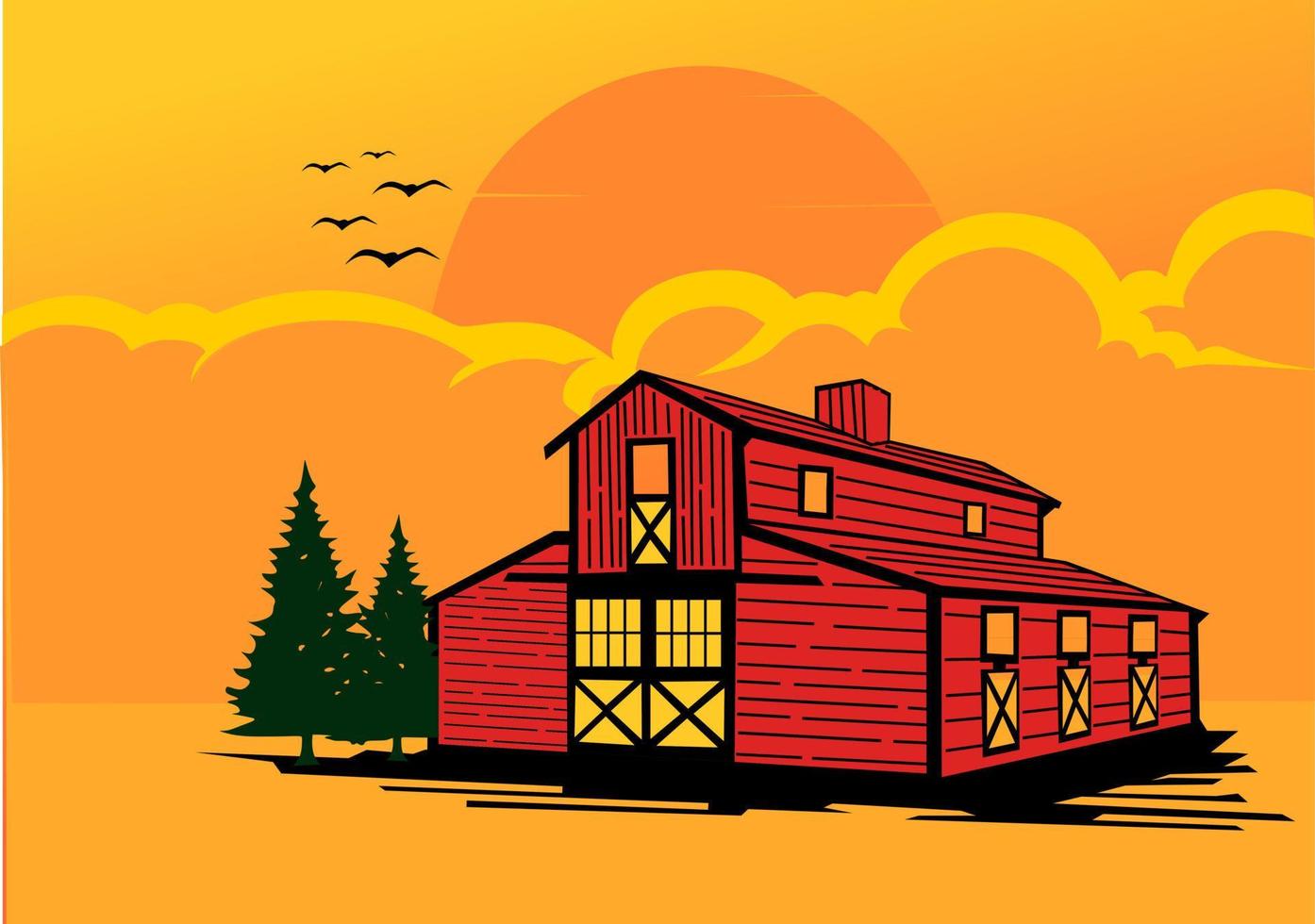 vector illustration of a barn with clouds and sunset background. flat style landscape design