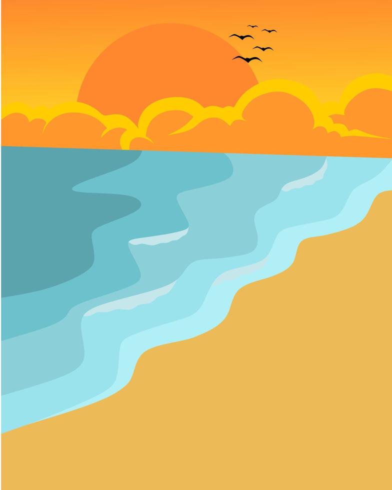 diseño de ilustración de mar de noche con elementos de puesta de sol, nubes y olas. utilizado para el cartel de tema de verano vector