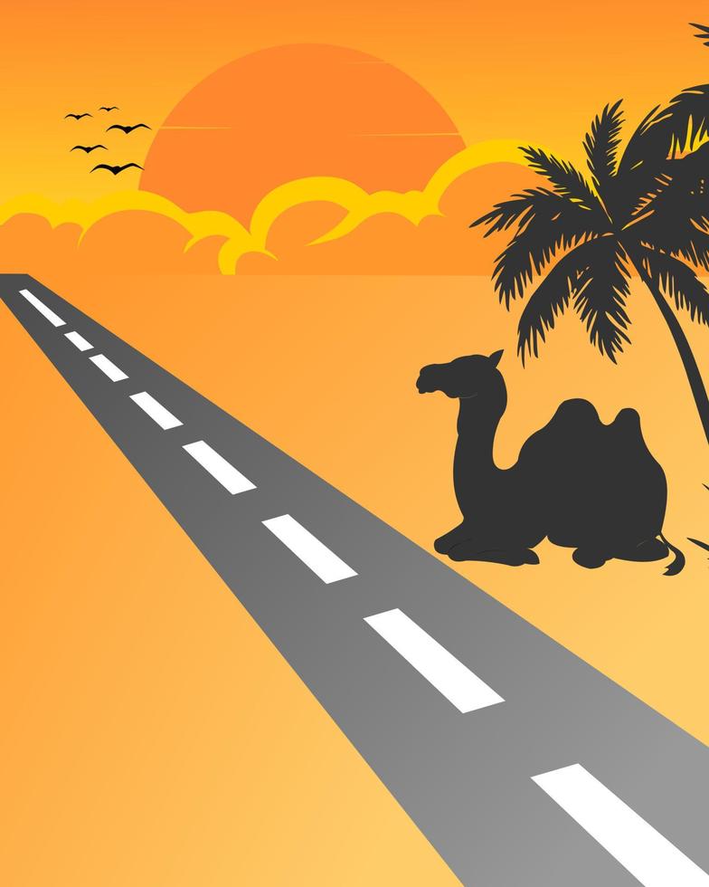 vector illustration of straight road to clouds and sunset with camel and coconut tree silhouette