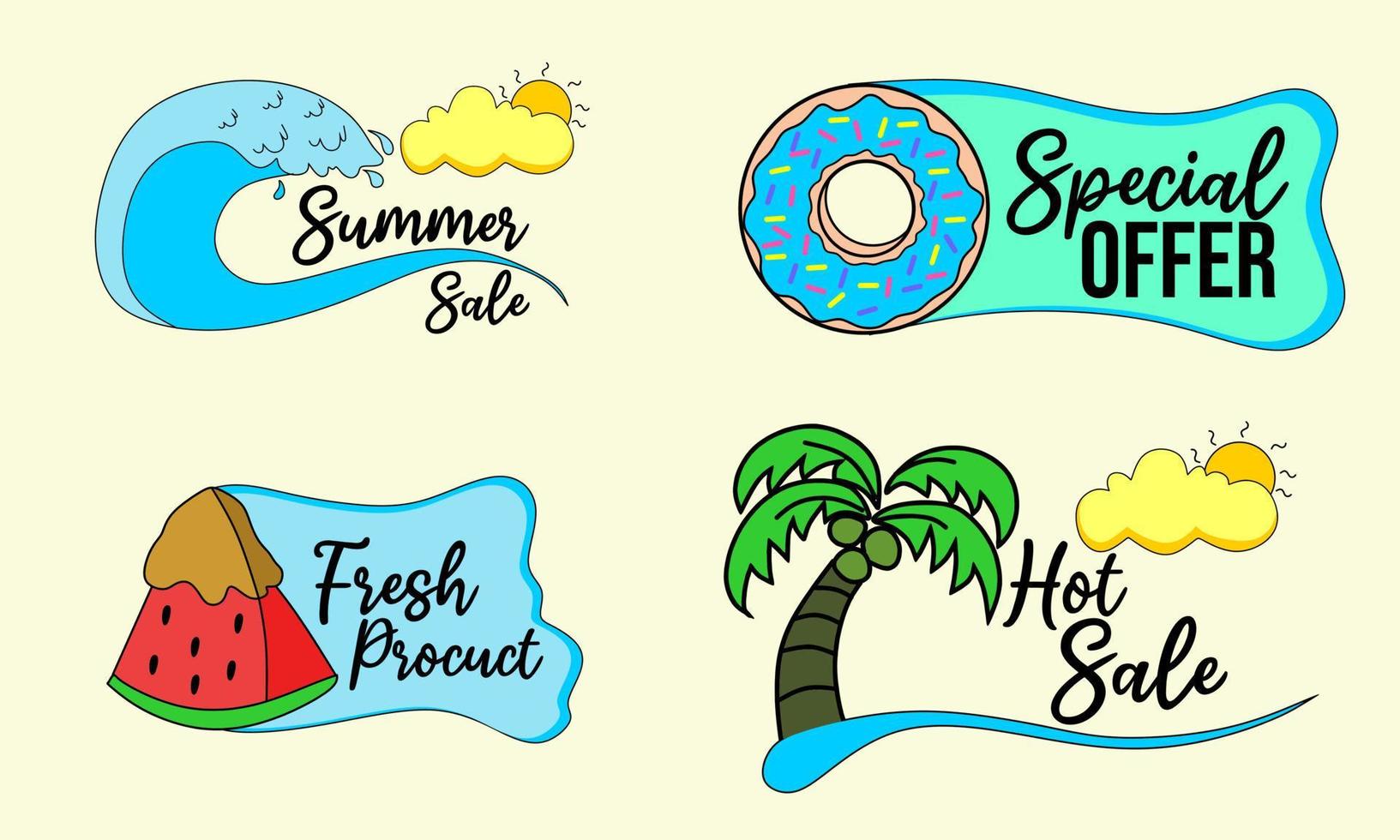 insignia de vector de tema de verano para promoción de descuento. diseño con ilustraciones, olas, helados, cocoteros, donuts