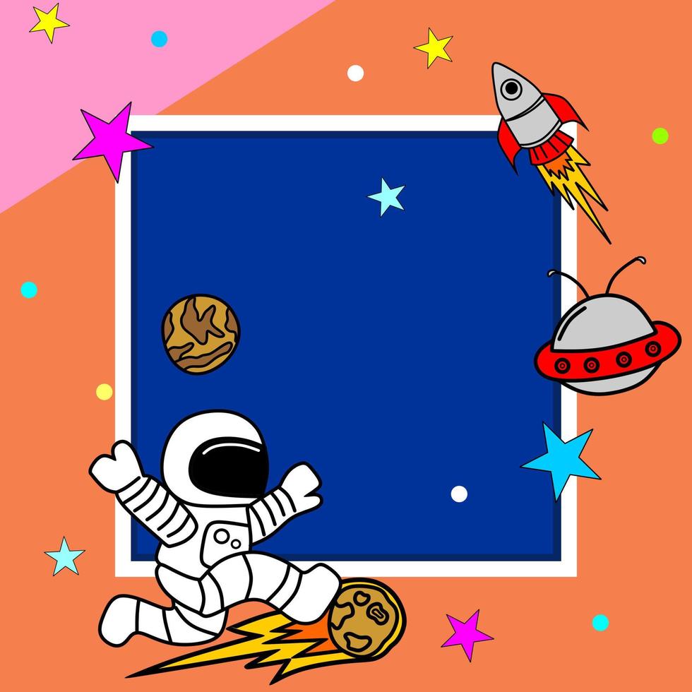 fondo cuadrado de tema espacial con cohete, ilustración de astronauta vector