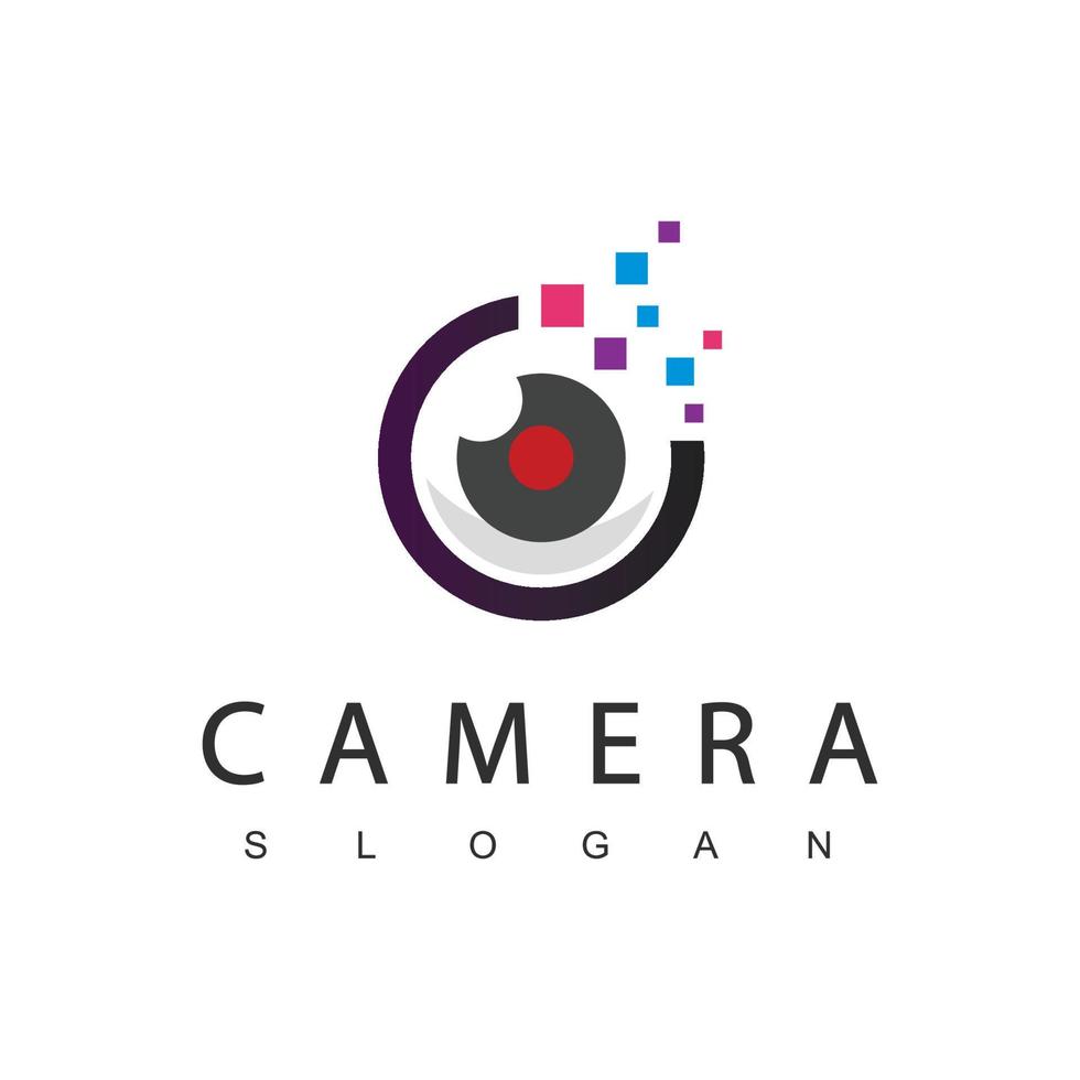 logotipo de fotografía con lente e icono de píxel vector