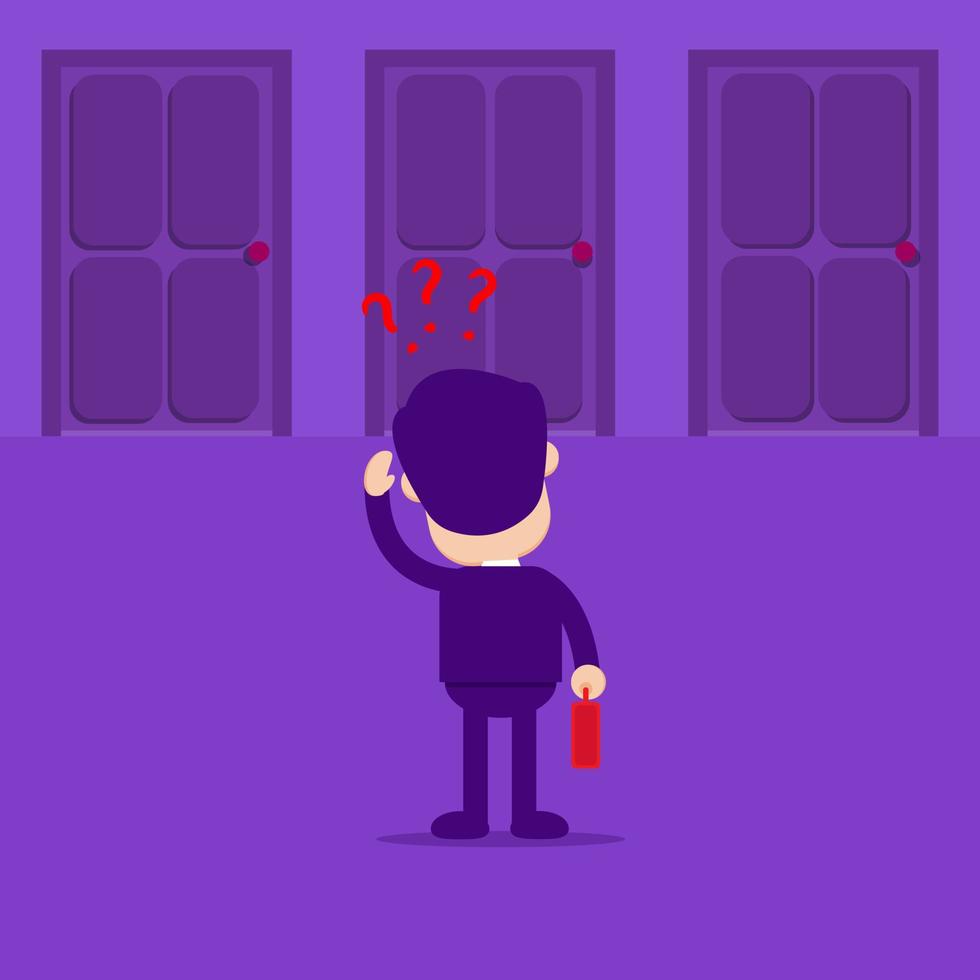Business concept illustration. A man is confused to determine the right door. Decision making concept. Suitable for business illustration vector