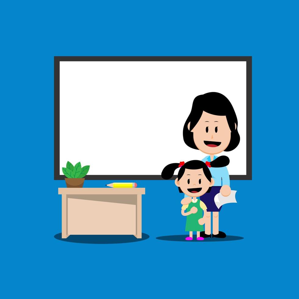 A female teacher with female preschool students are standing in front of the class and there is a copy space area. Suitable for educational media, presentations, etc vector