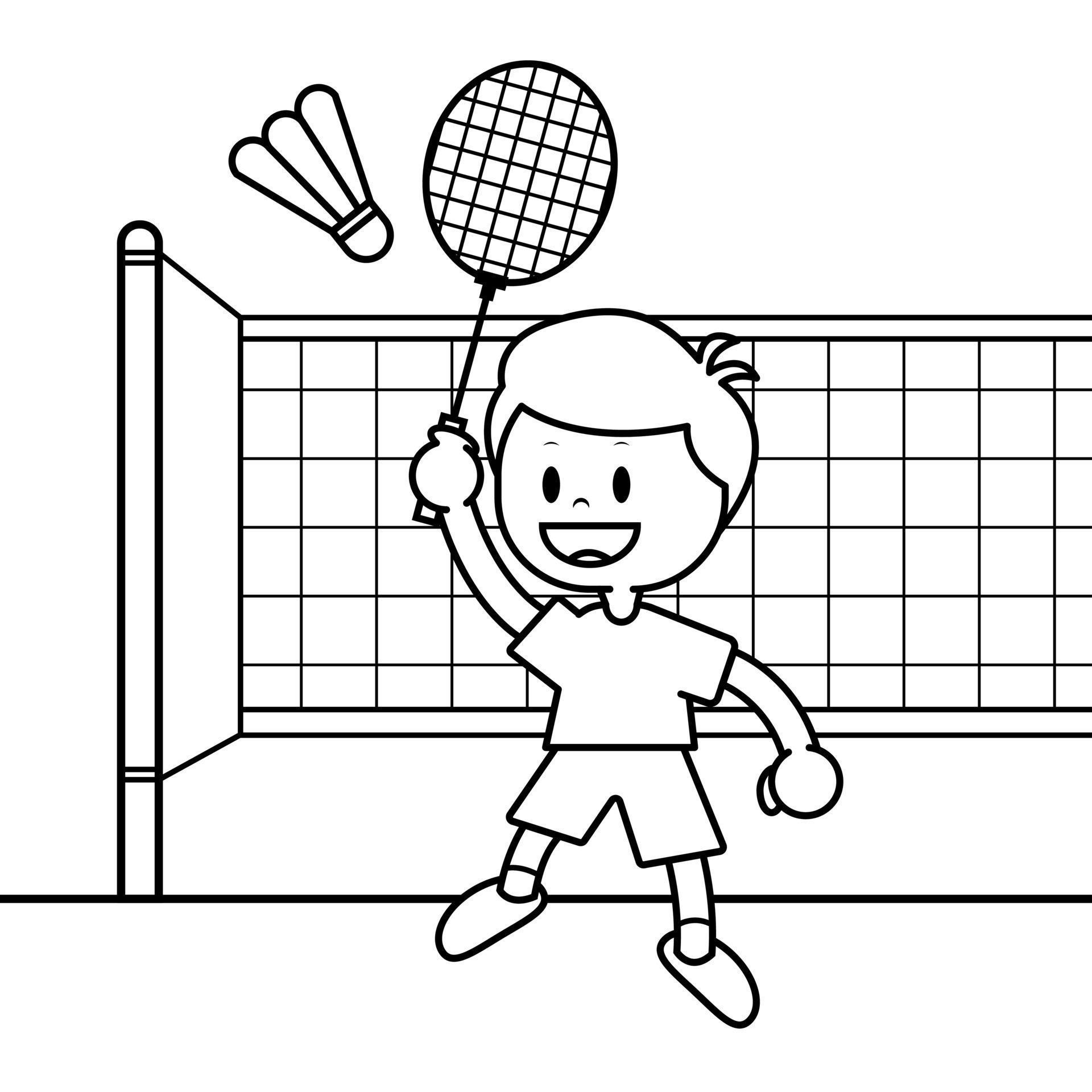 Coloring sheet of boy playing badminton. Suitable for preschool and