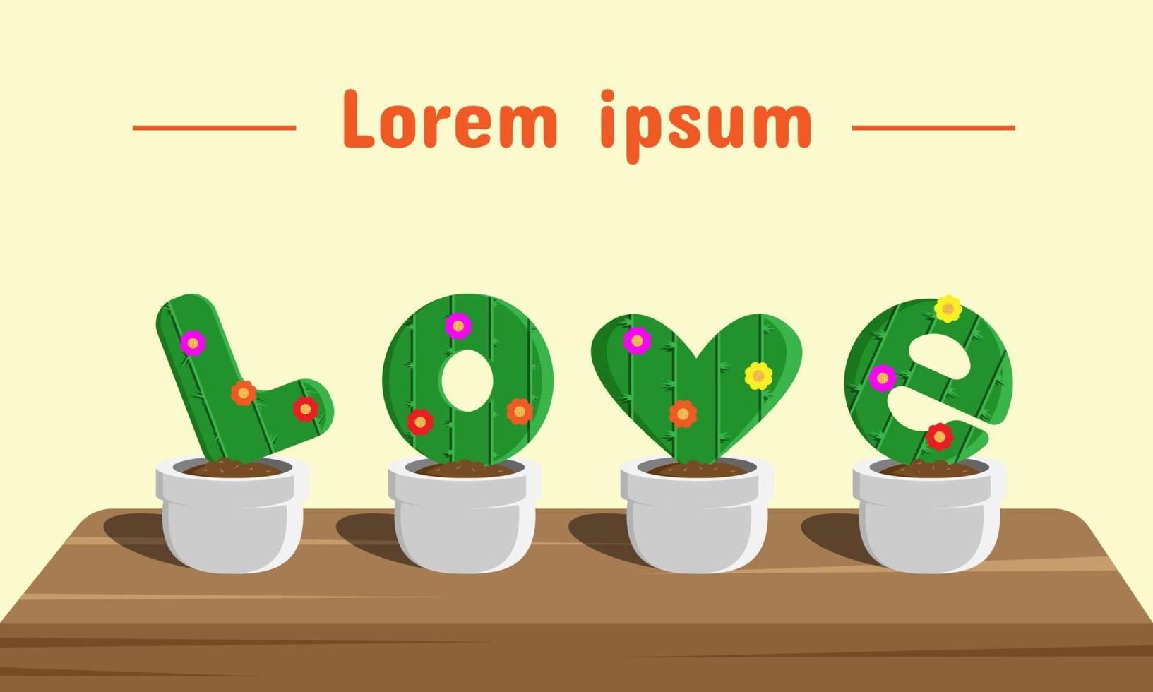 cactus en forma de letra en una olla que forma la palabra amor y hay un área de espacio de copia. adecuado para pancartas, tarjetas de felicitación, etc. vector