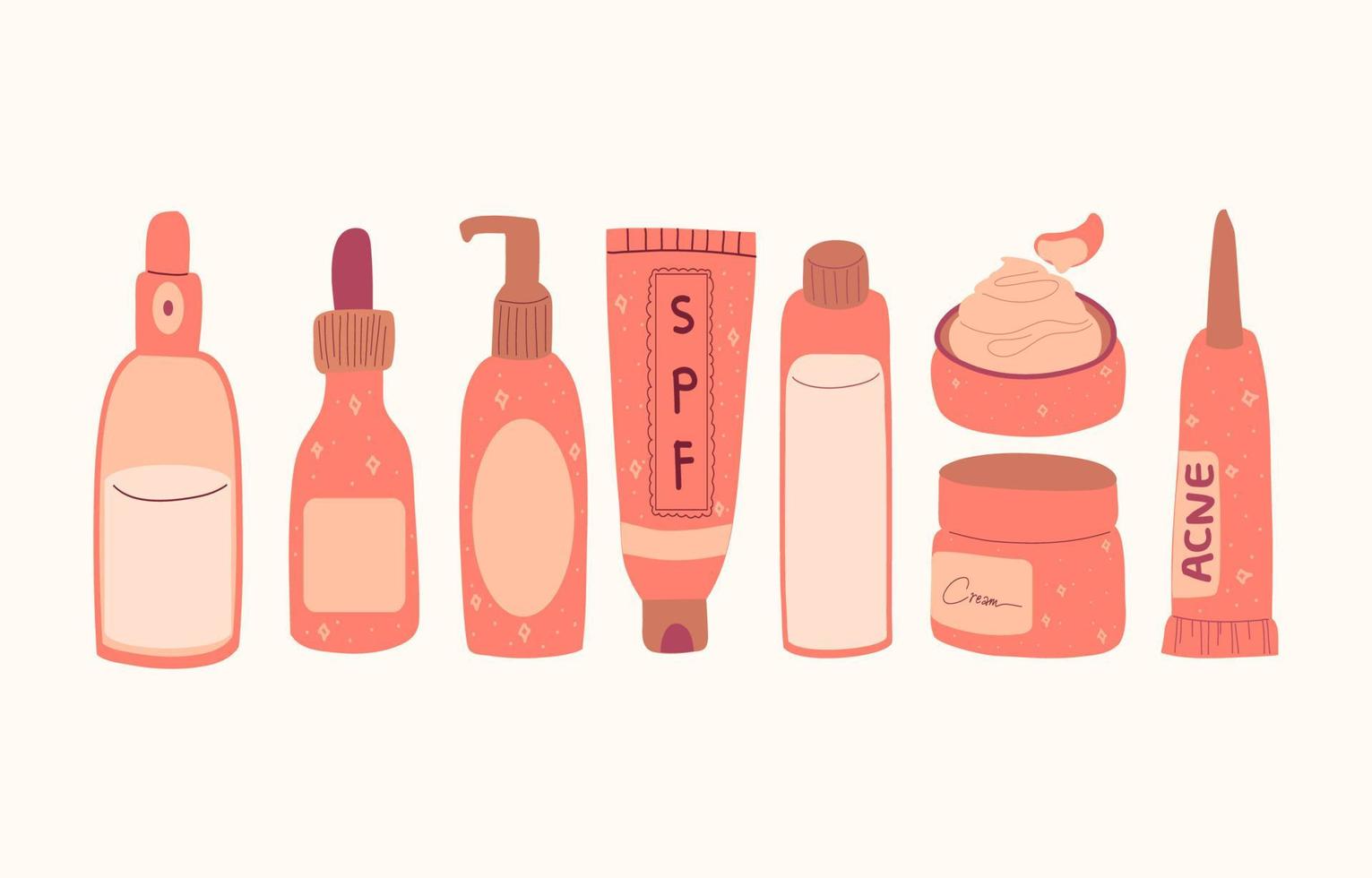 Set of pink natural skincare bottles, jars and tubes with organic cosmetics vector flat illustration. Cream, toner, serum, moisturizer, sun protection product.