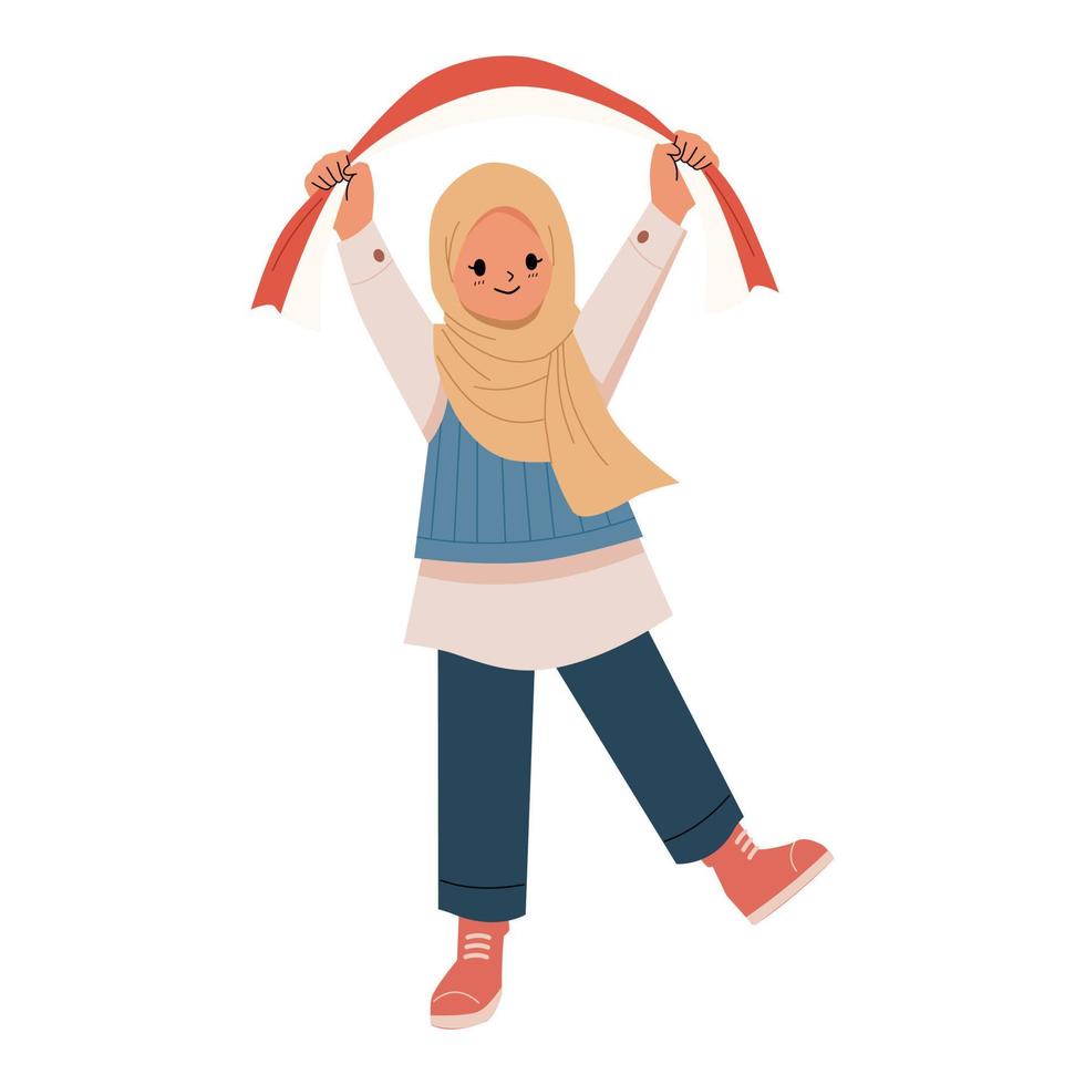Girl Hold Indonesian Flag with Cartoon Flat Style Celebrate Independence Day vector