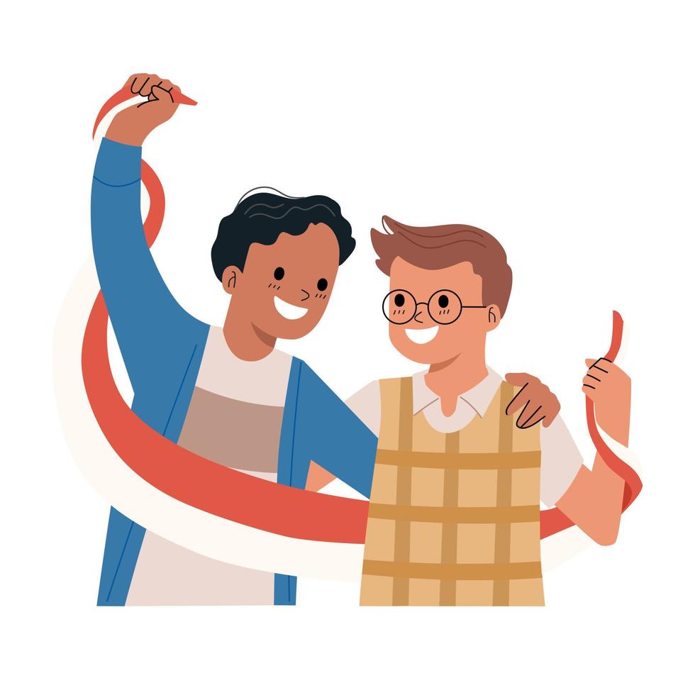 People celebrate Independence Day of Indonesia. Character holding national flag illustration in flat style design vector