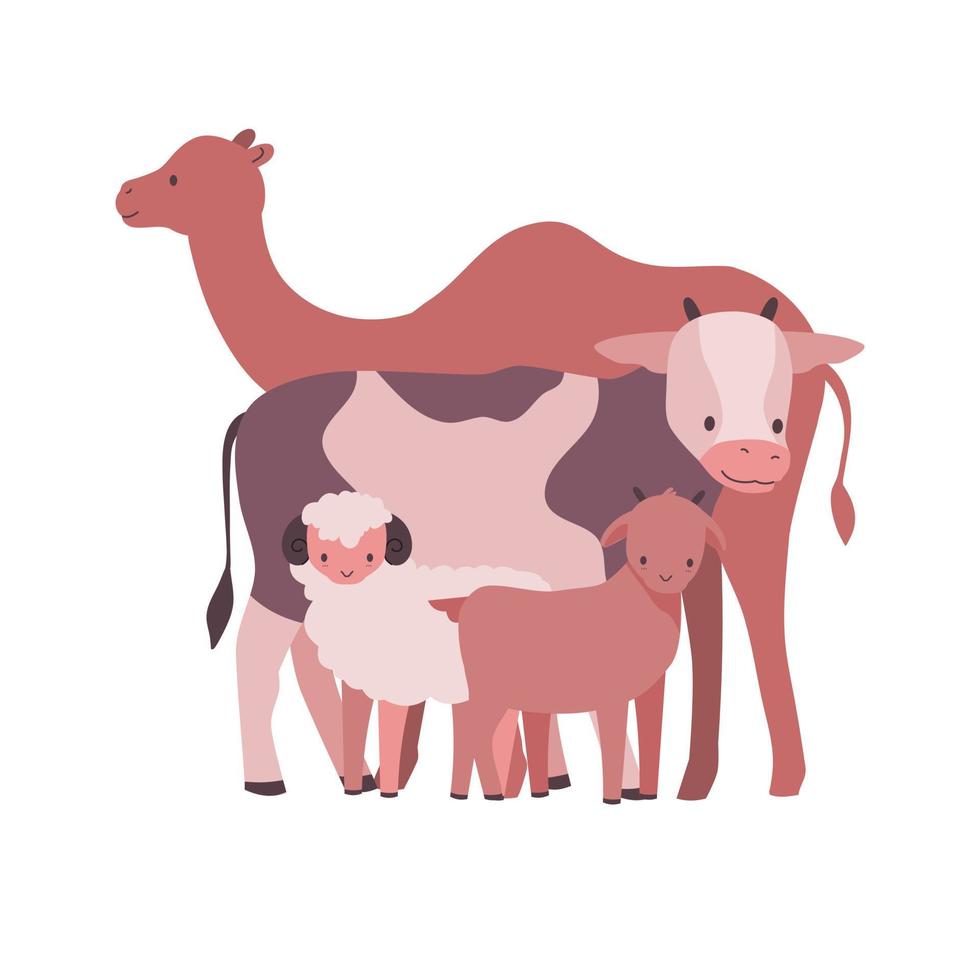 personaje de dibujos animados de animales de sacrificio en la celebración de eid al-adha mubarak. vaca, oveja, cordero, cabra, camello ilustración plana. vector