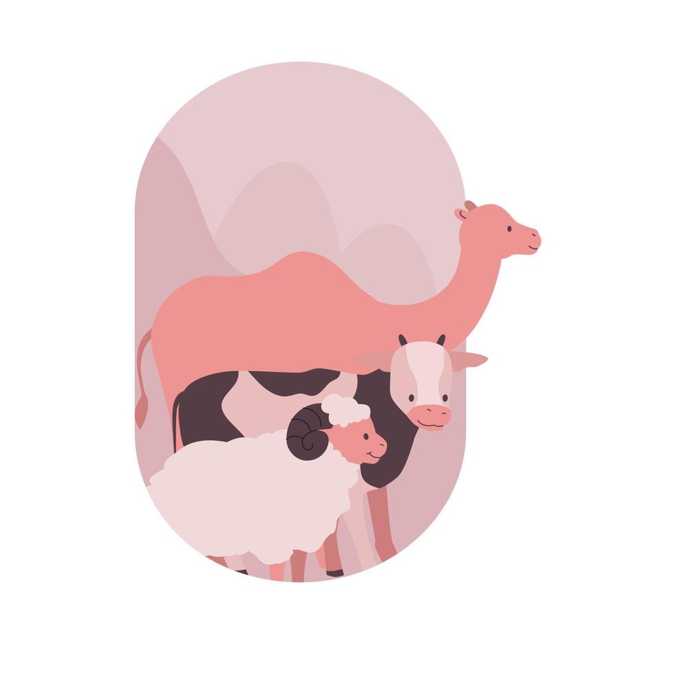 Cartoon character of sacrifice animal on Eid Al-Adha Mubarak celebration. Cow, sheep, lamb, goat, camel flat illustration. vector
