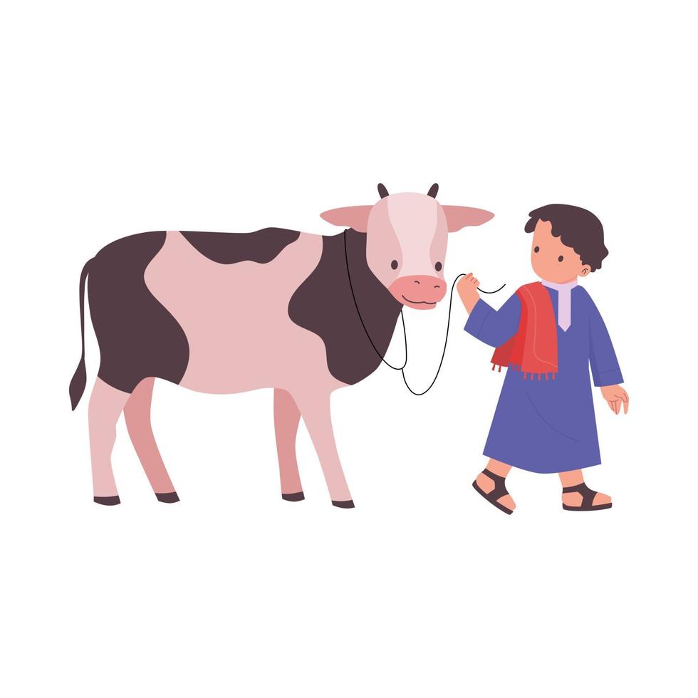 Cartoon character of children with sacrifice animal on Eid Al-Adha Mubarak celebration. Cow, sheep, lamb, goat, camel flat illustration. vector