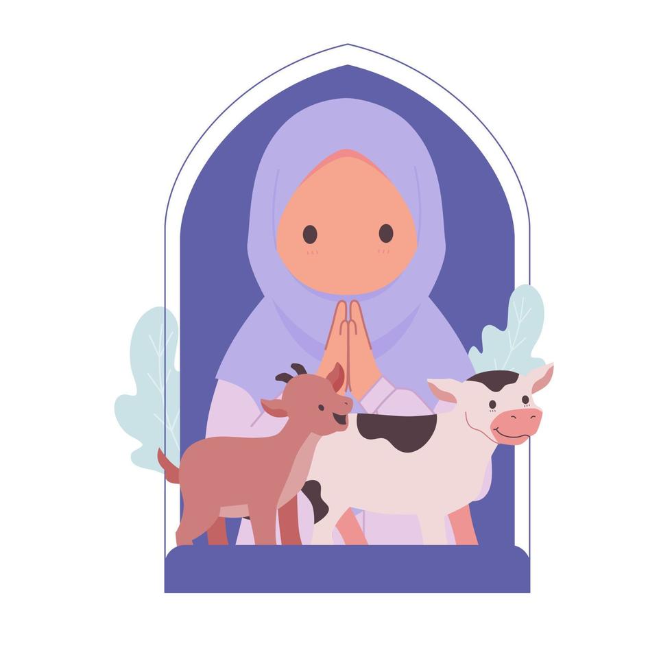 Cartoon character of children with sacrifice animal on Eid Al-Adha Mubarak celebration. Cow, sheep, lamb, goat, camel flat illustration. vector