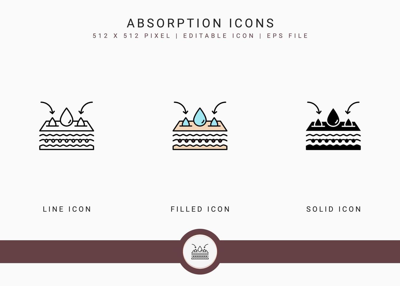 Absorption icons set vector illustration with solid icon line style. Skin moisture water concept. Editable stroke icon on isolated background for web design, user interface, and mobile application