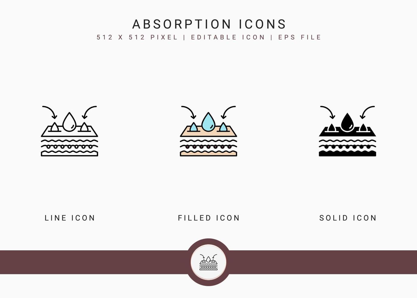 iconos de absorción establecer ilustración vectorial con estilo de línea de icono sólido. concepto de agua de humedad de la piel. icono de trazo editable en un fondo aislado para diseño web, interfaz de usuario y aplicación móvil vector