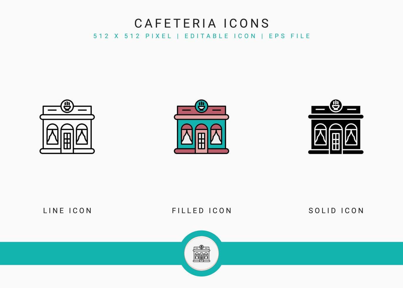 Cafeteria icons set vector illustration with solid icon line style. Modern cafe building concept. Editable stroke icon on isolated background for web design, user interface, and mobile application