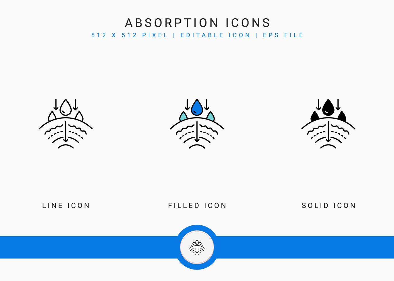 Absorption icons set vector illustration with solid icon line style. Skin moisture water concept. Editable stroke icon on isolated background for web design, user interface, and mobile application