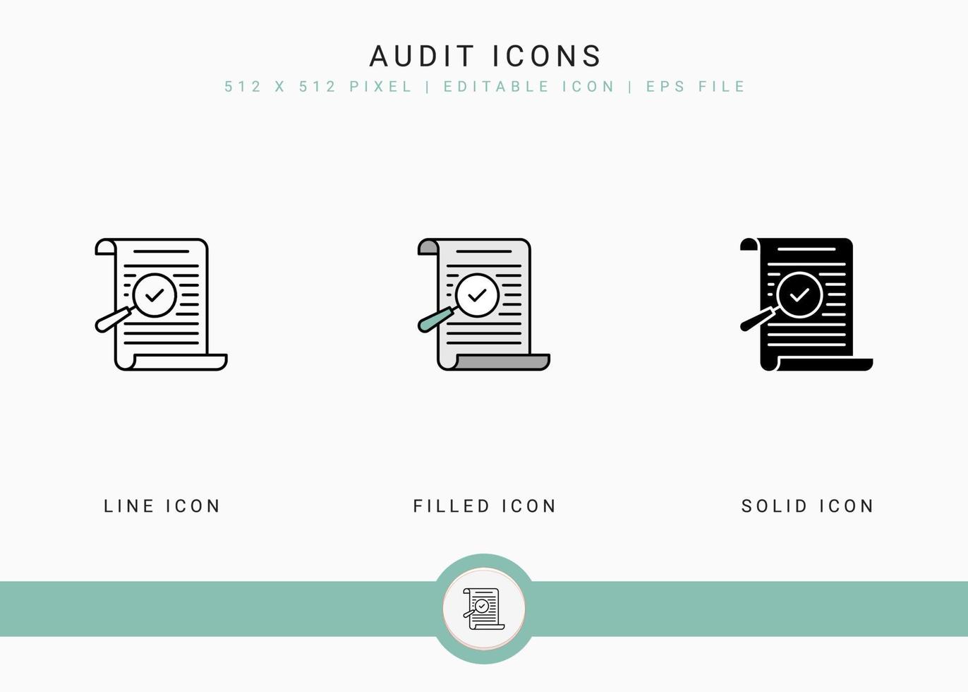 Audit icons set vector illustration with solid icon line style. Financial overview control concept. Editable stroke icon on isolated background for web design, infographic and UI mobile app.