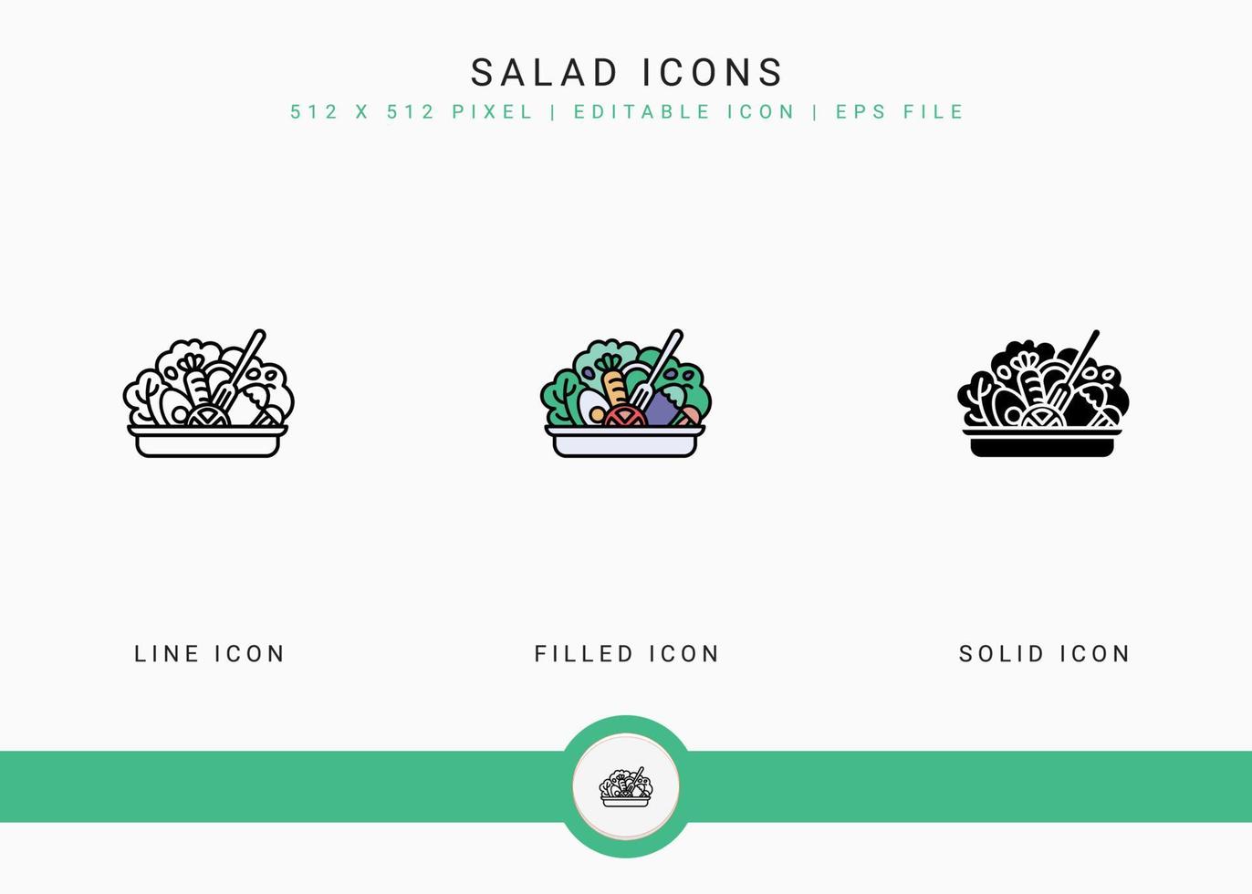 Salad icons set vector illustration with solid icon line style. Healthy vegan ingredients concept. Editable stroke icon on isolated white background for web design, user interface, and mobile app